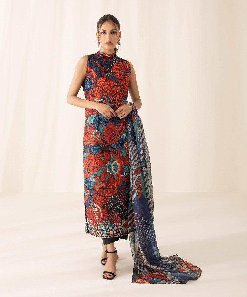 3 Piece - Printed Silk Suit