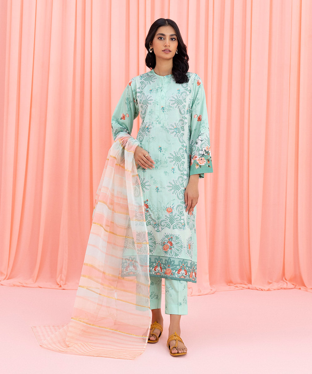 3 Piece - Embroidered Cotton Satin Suit