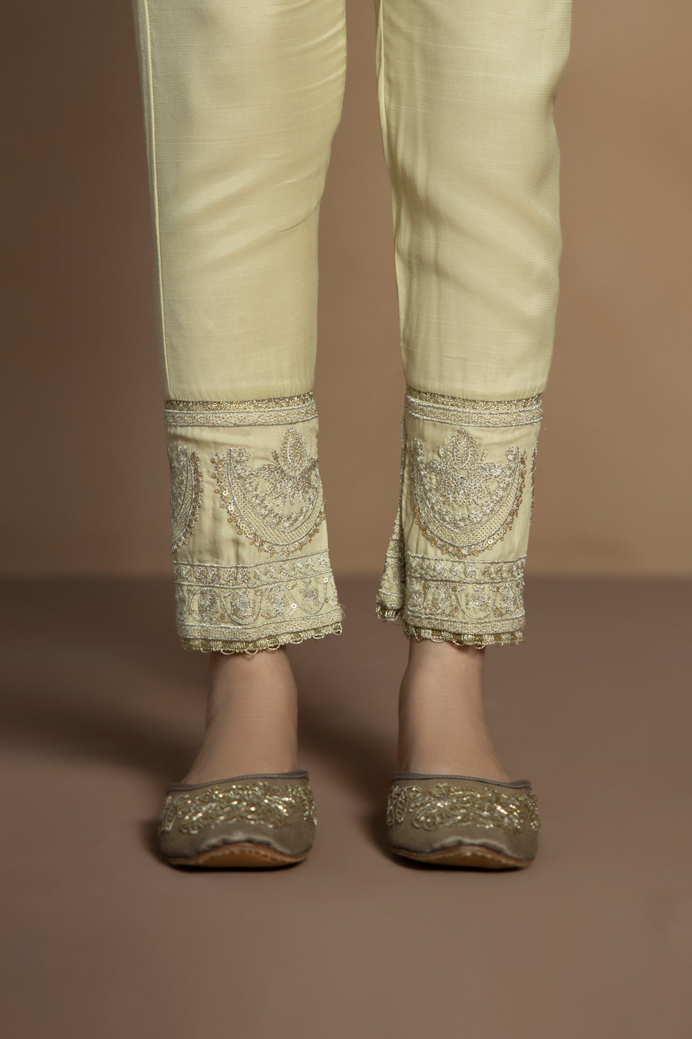 Embroidered Raw Silk Pants