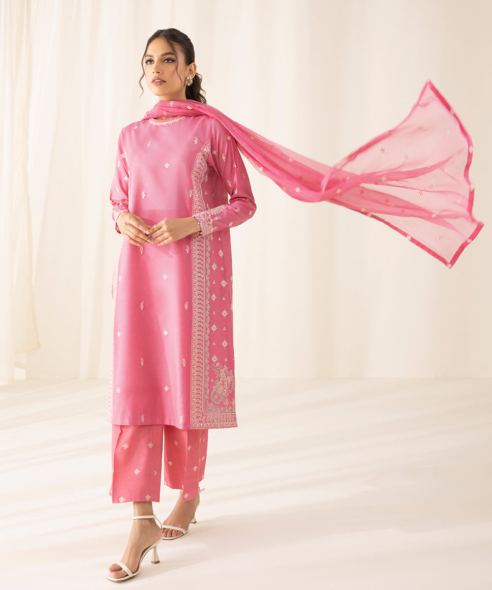 3 Piece - Embroidered Cotton Net Suit