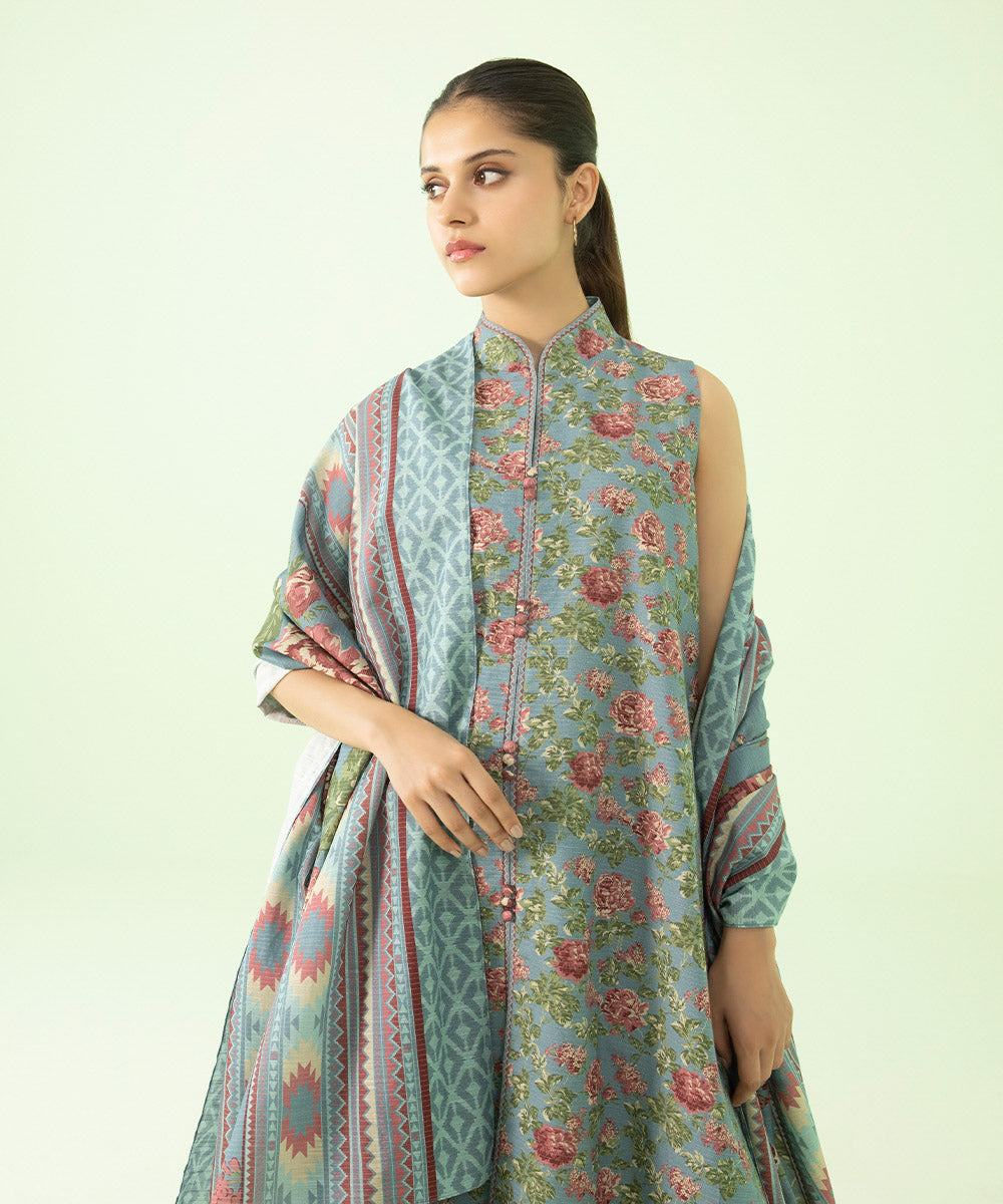 3 Piece - Printed Zari Khaddar Suit