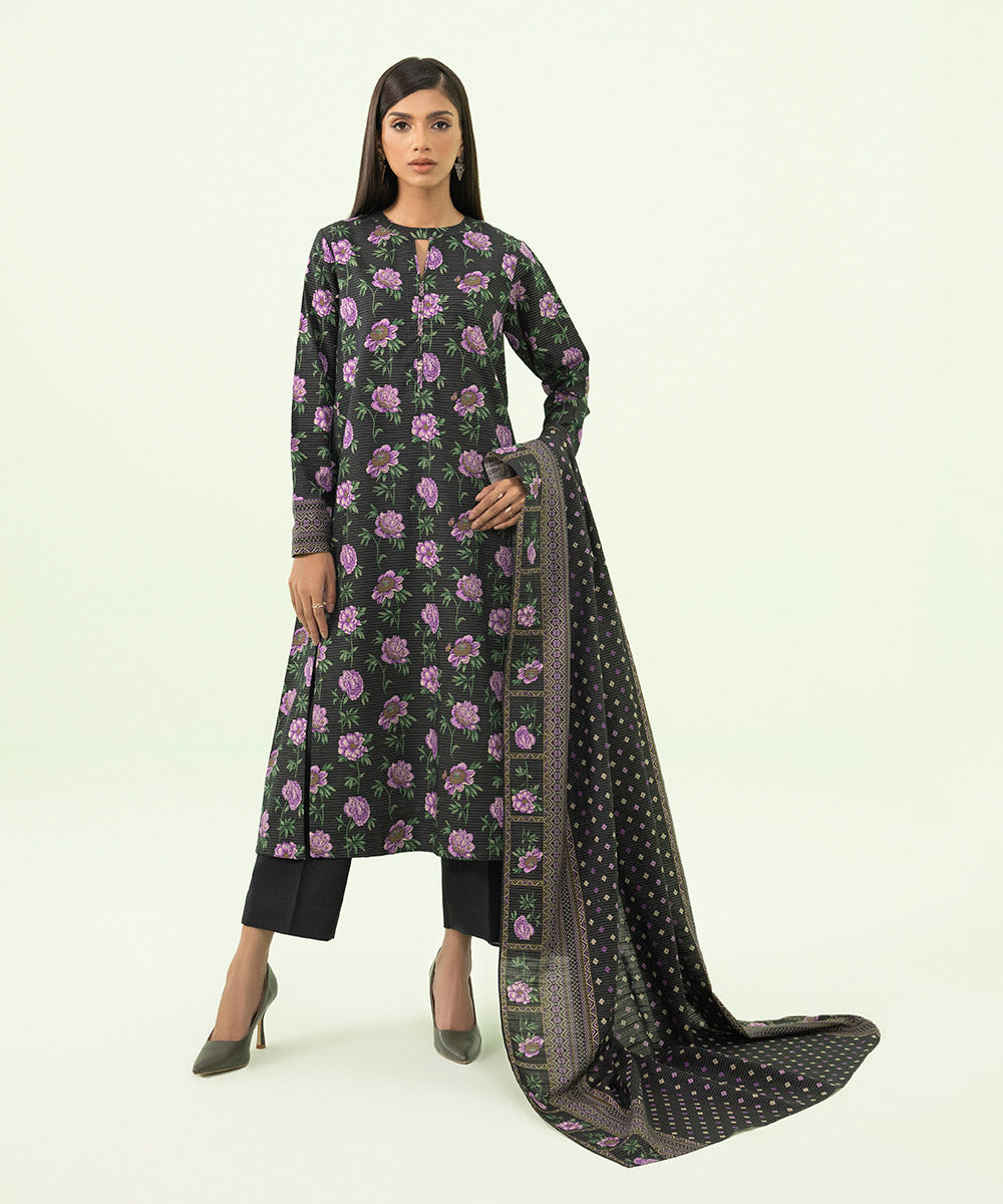 3 Piece - Printed Zari Khaddar Suit