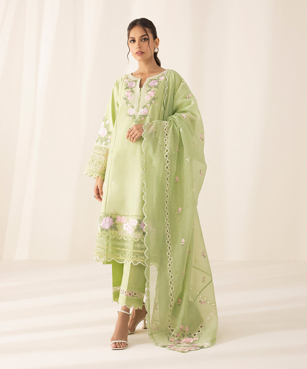 3 Piece - Embroidered Cotton Satin Suit