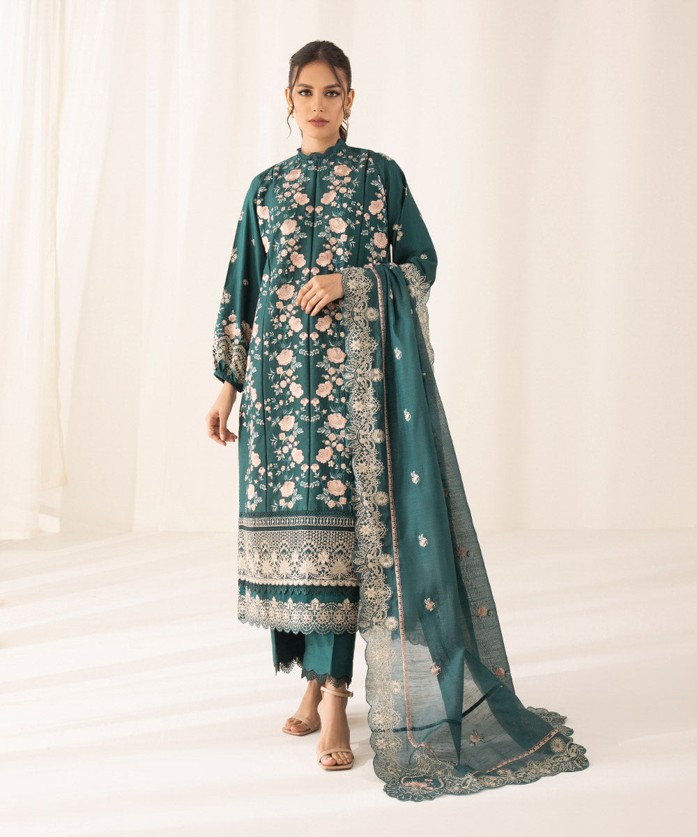 3 Piece - Embroidered Cotton Satin Suit