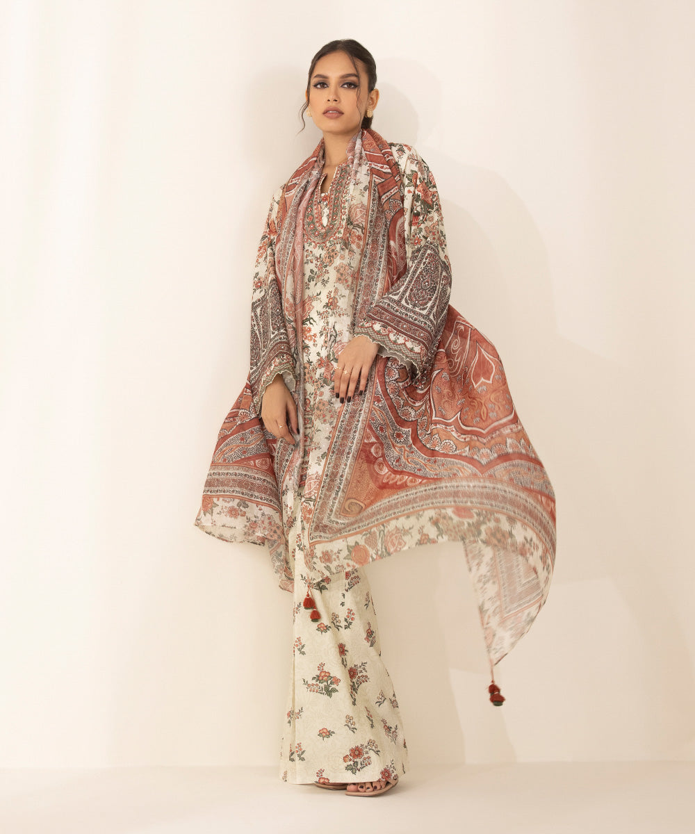 3 Piece - Printed Silk Suit