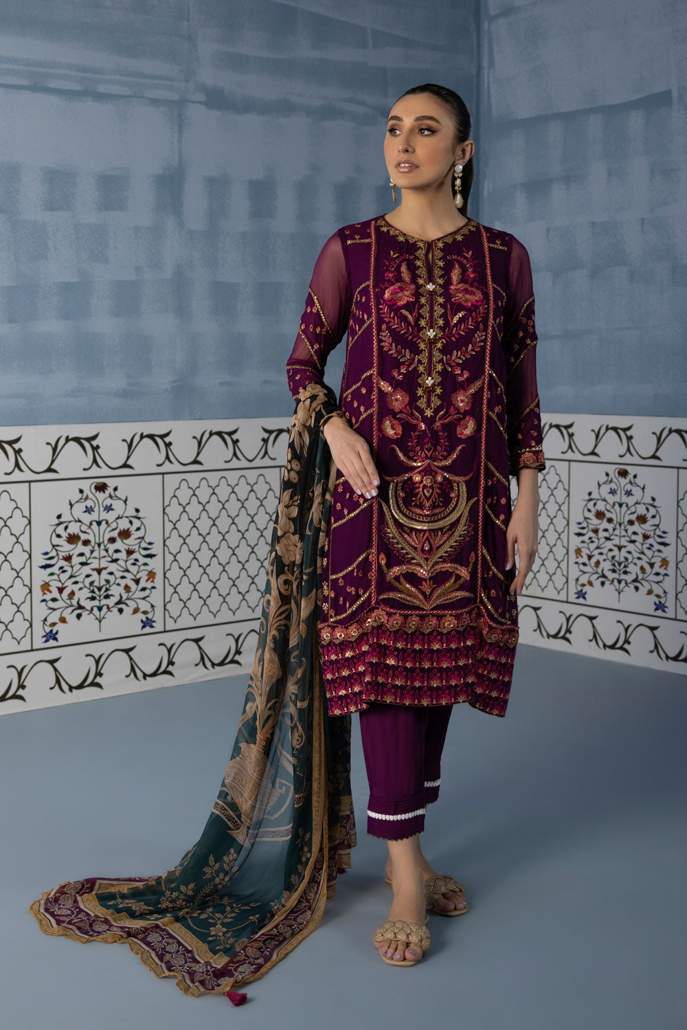 2 Piece - Embroidered Chiffon Suit