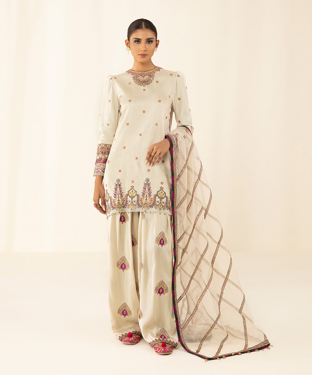 3 Piece - Embroidered Raw Silk Suit