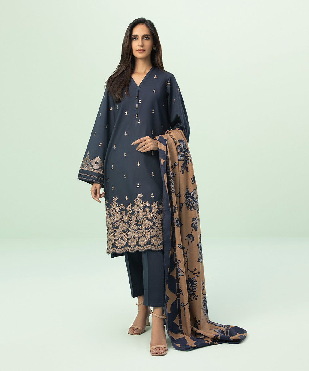 3 Piece - Embroidered Cotton Satin Suit