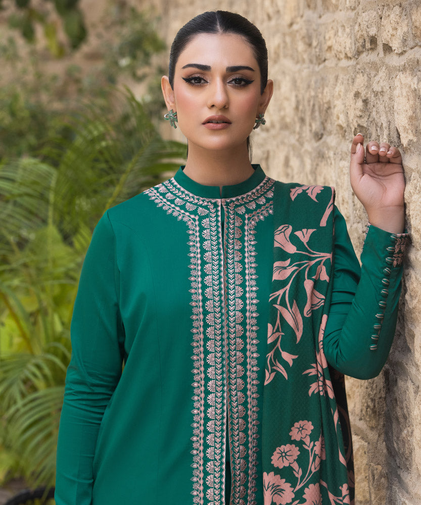 3 Piece - Embroidered Cotton Satin Suit