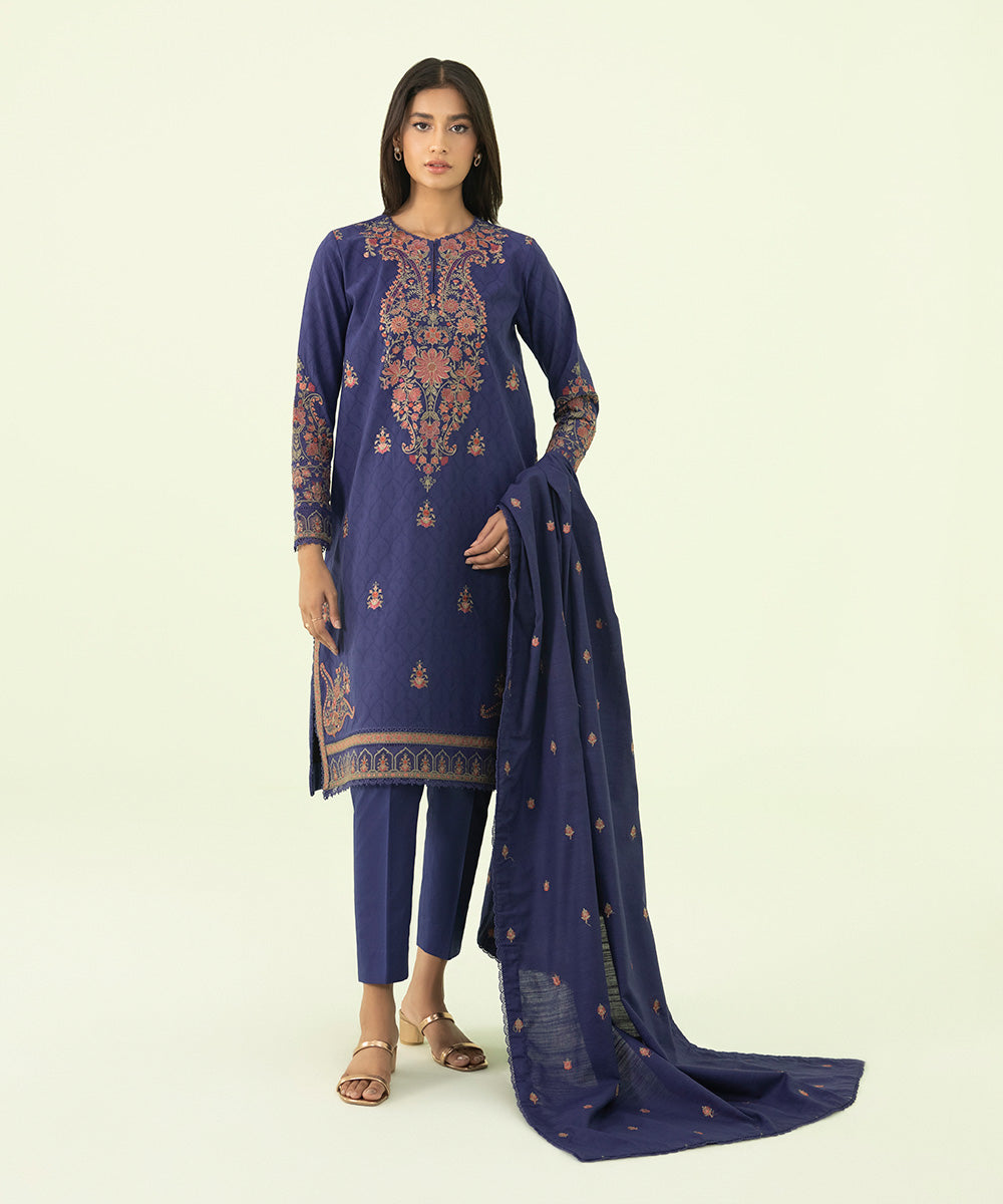 3 Piece - Embroidered Self Jacquard Suit