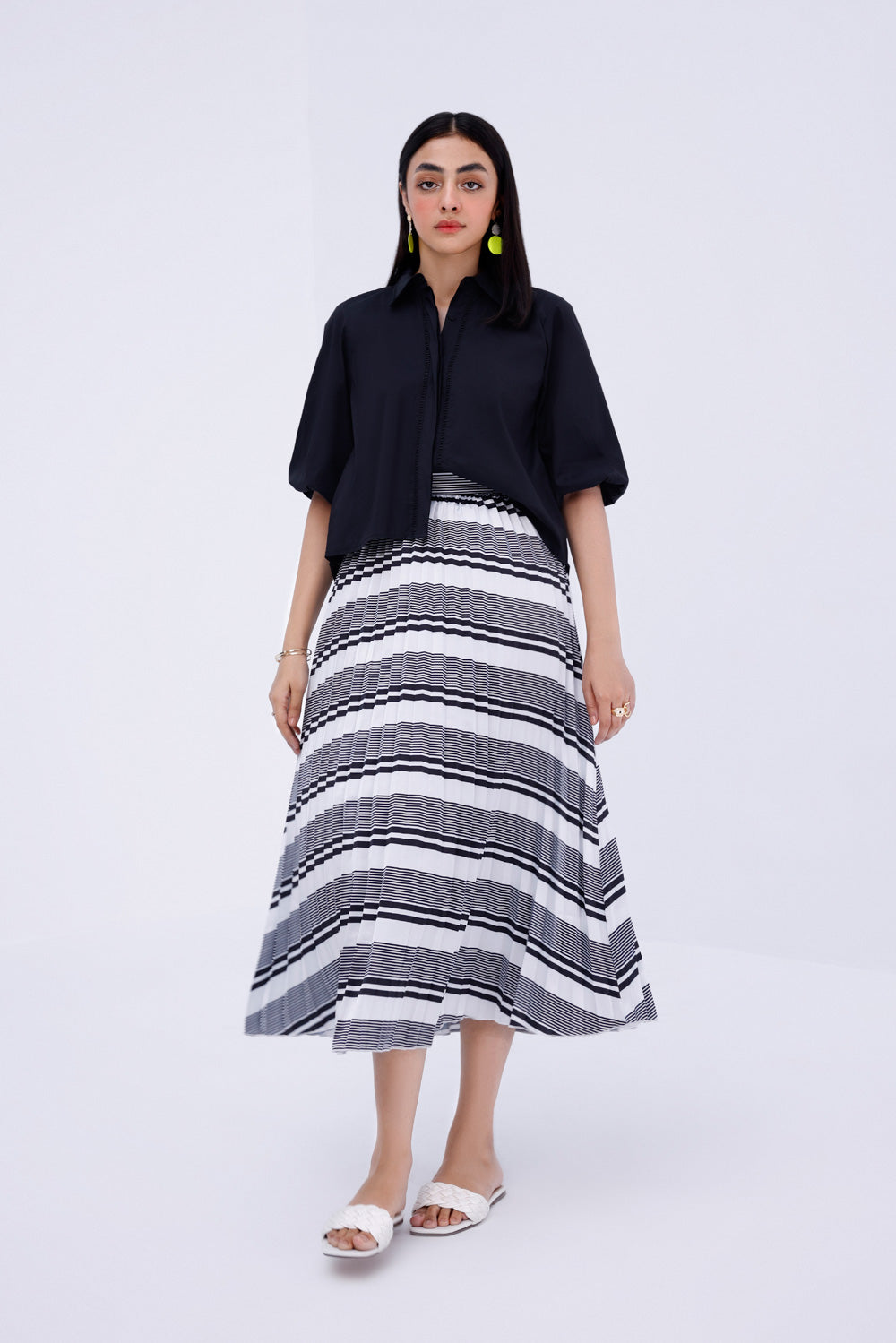 Striped Pleated Satin Skirt